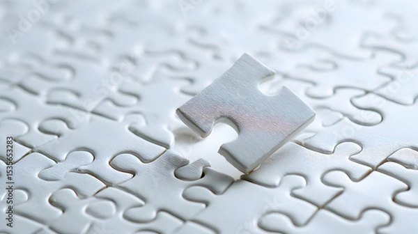 Obraz White Puzzle With Single Elevated Piece Emphasizing Solution Concept on White Background