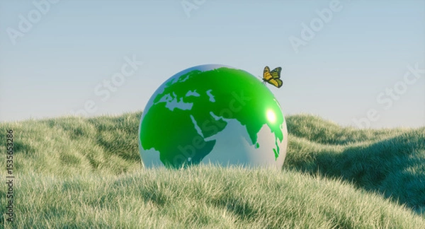 Fototapeta Natural 3d landscape background with green globe. Sustainable technology concept