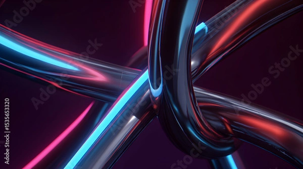 Obraz Abstract Composition Of Intersecting Glossy Black Tubes With Neon Lights