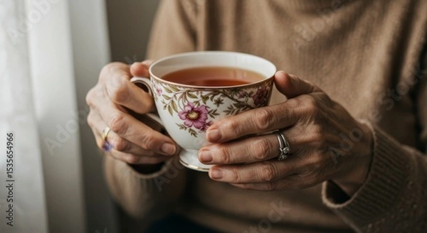 Obraz Tranquil Moments: Hands Holding a Teacup - Gentle hands cradle a delicate teacup, symbolizing warmth, comfort, relaxation, peace, and serenity. A moment of quiet contemplation