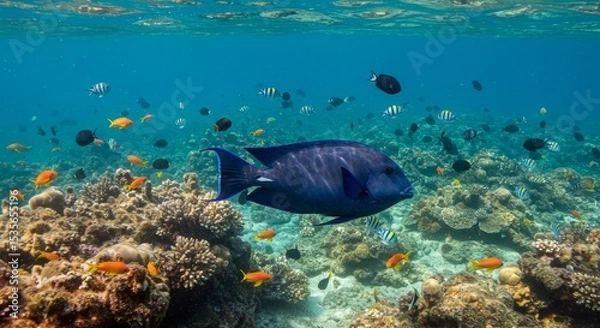 Obraz Underwater Paradise: Vibrant Reef and Fish - A mesmerizing underwater scene showcasing a large fish amidst a vibrant coral reef teeming with diverse smaller fish.
