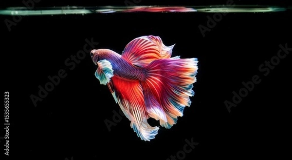 Obraz Vibrant Betta Fish in Dark Water - A stunning betta fish with red, orange, purple, and blue fins gracefully swims against a black background