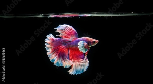 Obraz Vibrant Siamese Fighting Fish - A stunning close-up of a Siamese fighting fish with vibrant red, pink, and blue fins, gracefully swimming against a black background