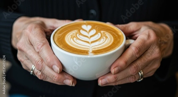 Obraz Warm Hands, Latte Art Coffee - Gentle hands cradling a steaming cup of coffee, latte art forming a leaf design, symbolizing warmth, comfort, artistry, and morning ritual. Enjoy the moment