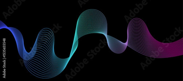 Obraz Abstract vector wavy lines flowing smooth curve black colorful spectrum light gradient isolated on black background in concept of technology, science, music, modern.
