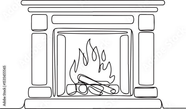 Fototapeta continuous line drawing of a traditional fireplace with dancing flame and firewood in a modern black and white silhouette style

