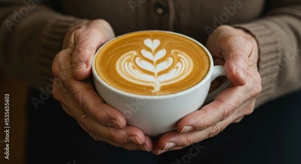 Obraz Warmth in Gentle Hands: A Latte Art Coffee Moment - Hands carefully hold a steaming latte, showcasing intricate latte art.