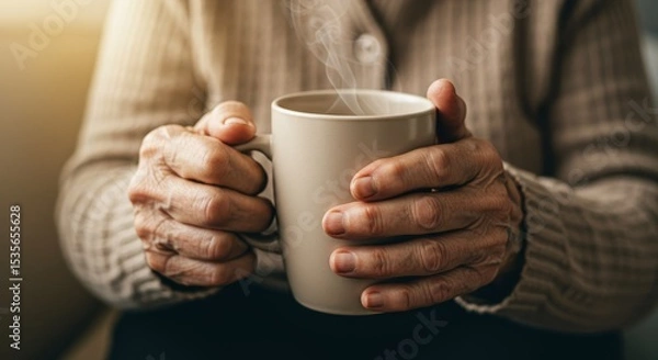 Obraz Warmth in Winter Hands Holding Mug - Elderly hands gently cradling a warm mug, symbolizing comfort, age, warmth, tranquility, and peace