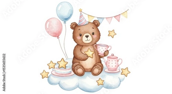 Obraz Watercolor Bear Cub's Cloud Tea Party - Adorable watercolor bear cub enjoys a tea party on a cloud, surrounded by star-shaped cookies and balloons.