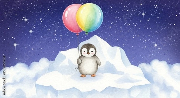 Obraz Watercolor Penguin Balloon Adventure on Iceberg - A charming watercolor painting of a penguin holding balloons on a snowy iceberg under a starry sky.