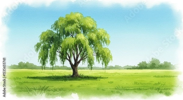 Obraz Weeping Willow in a Summer Meadow - A single weeping willow tree stands gracefully in a vibrant green meadow under a clear blue sky. Peaceful and idyllic nature scene