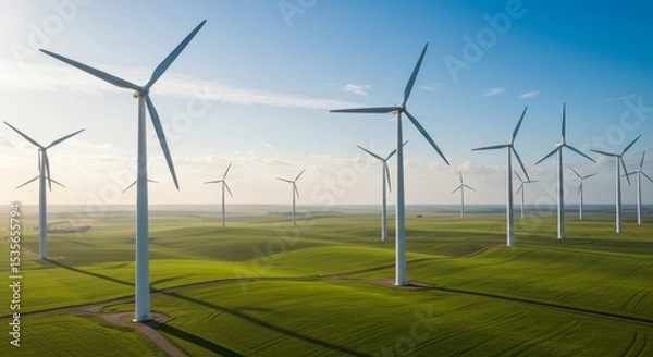 Fototapeta Wind Turbines in Green Fields - Expansive view of numerous wind turbines generating clean energy in a vast, verdant landscape under a clear sky