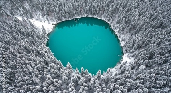 Obraz Winter Lake in Snow Covered Forest - Aerial view of a vibrant turquoise lake nestled within a snow-covered pine forest. The scene is serene and picturesque