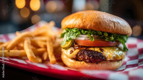Obraz Close Up Of A Delicious Gourmet Burger With Golden Fries On Red Checkered Paper