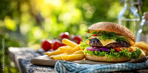 Obraz Close Up Of Burger With French Fries And Tomatoes On Wooden Table Outdoors