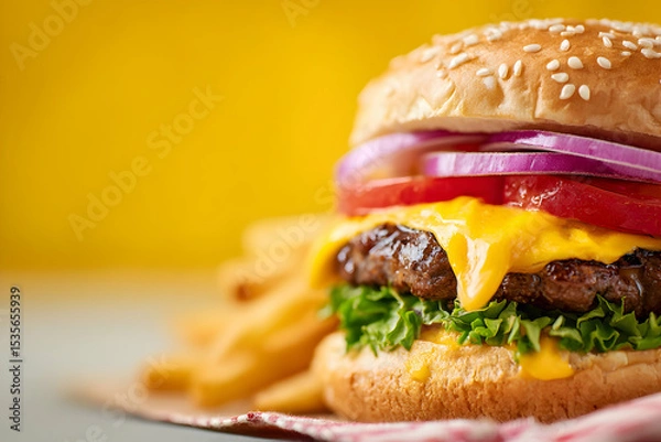 Obraz Close Up Of Freshly Made Hamburger And French Fries On Yellow Background