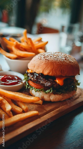 Obraz Delicious Burger with Fries and Ketchup on a Wooden Board in Warm Lighting