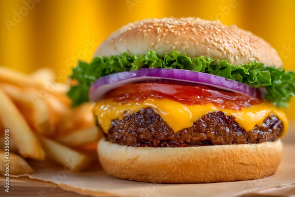 Obraz Delicious Cheeseburger With Fresh Ingredients And Golden French Fries On Yellow Background