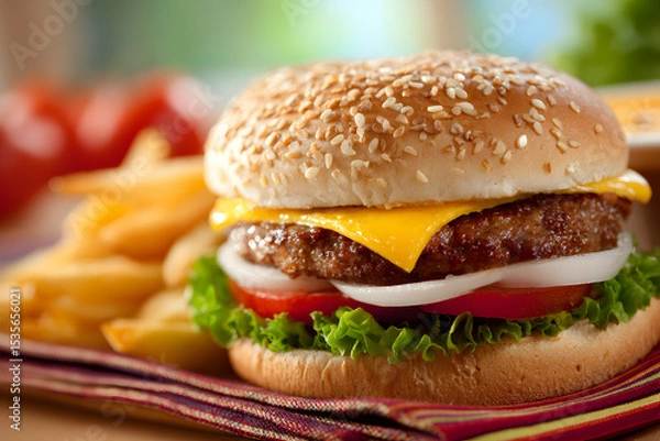 Obraz Delicious Cheeseburger With Sesame Seed Bun and Golden Fries With Tomatoes
