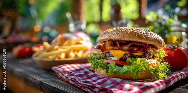 Obraz Delicious Gourmet Burger with French Fries Tomato on Wooden Table