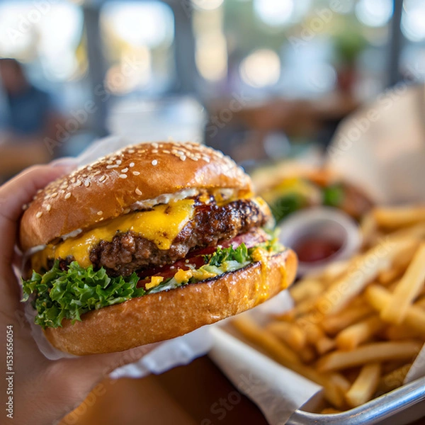 Obraz Hand Holding A Juicy Burger With Fries In A Restaurant With Blurred Background