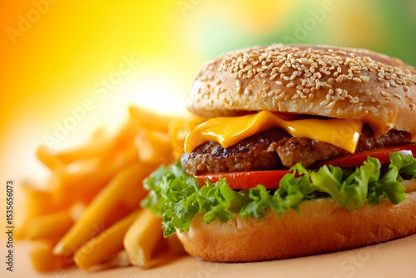 Obraz Cheeseburger with Fries on a Table with Selective Focus and Sunlight