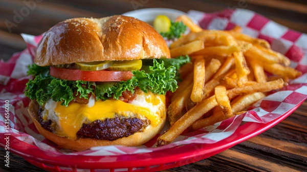 Obraz Close-up of a Classic Cheeseburger and Fries in a Red Checkered Basket
