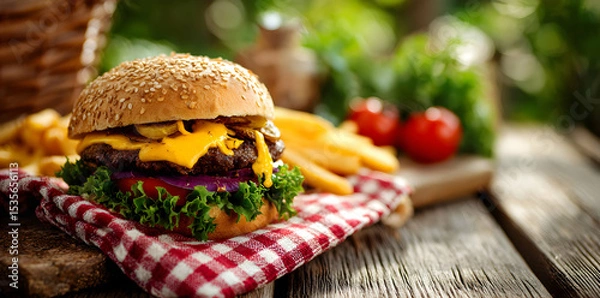 Obraz Close Up Of A Delicious Burger With Fries On A Wooden Table Outside