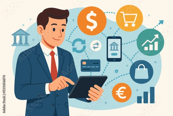 Fototapeta Digital finance concept. Businessman with tablet managing money, online banking and mobile payments. Fintech illustration with investment, e-commerce and currency exchange icons.