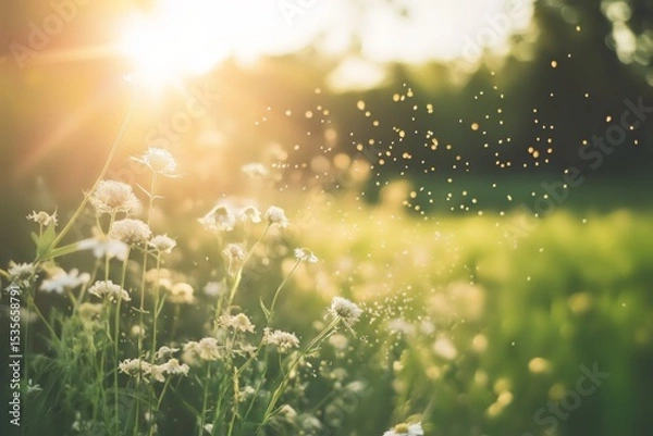 Fototapeta Field with flowers and floating pollen closeup