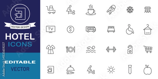 Fototapeta Hotel line icon set. Included icons as room, hotel booking, key, bus, parking, breakfast, travel, holiday and more symbol collection. Set of 24 line icons related to hotel. Vector illustration.