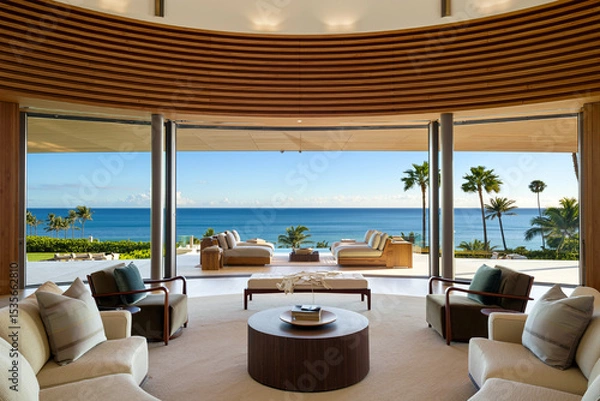 Obraz The spacious living room has modern furniture and large windows, providing stunning ocean views at sunrise for a serene atmosphere. Summer holidays in tropical environment. Generative AI.