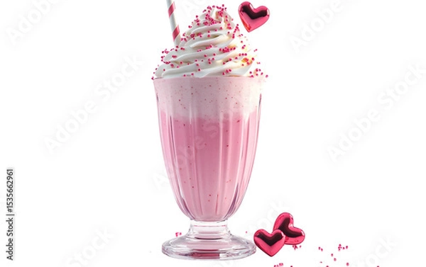 Fototapeta Creamy pink milkshake prepared for Valentine's Day with rich whipped topping and decorative charm isolated on transparent background PNG
