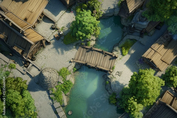 Obraz Tactical top-down map of a rural riverside settlement with wooden structures, a stone crossing, and a mill.