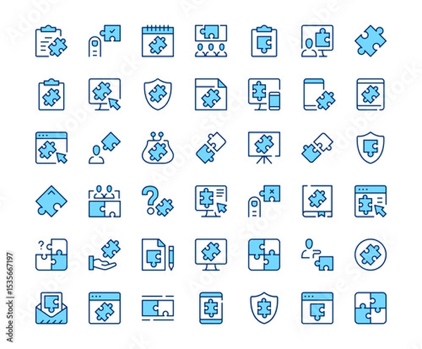 Fototapeta Puzzle icons. Vector line icon set. Modern outline design. Blue concept