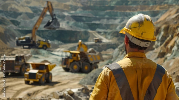 Obraz Mining worker's back, yellow helmet, facing bulldozer in open-pit mine scene.