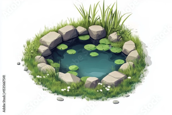 Obraz 3D cartoon pond icon, isometric with stones, grass, white background, green Japan zen vibe.