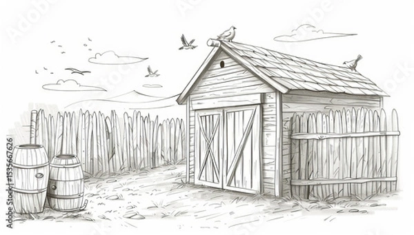 Obraz Hand-drawn barn with barrels and fence on farm, white background, line art sketch for coloring book.