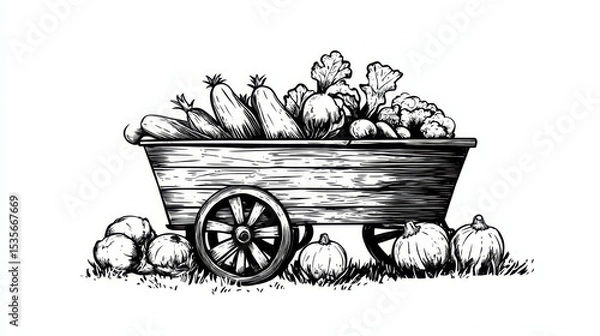 Obraz Hand-drawn wooden cart with hay, vintage sketch, white background, rustic meadow farm design.