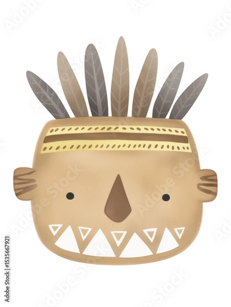 Fototapeta Tribal Mask Illustration with Feathers and Geometric Patterns on a White Background