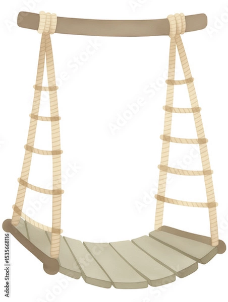 Fototapeta Rustic Rope Suspension Bridge in Watercolor on a White Background