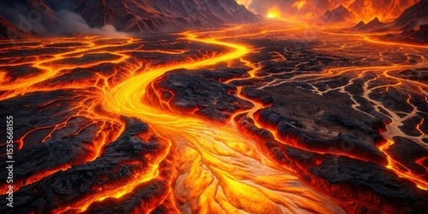 Fototapeta Aerial Lava Flow Abstract Background: Orange Red Hot Molten Rock Texture