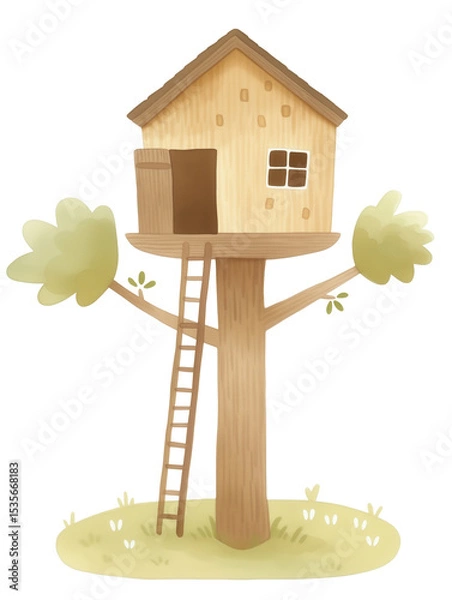 Fototapeta Cartoon treehouse with ladder on a grassy platform on a white background

