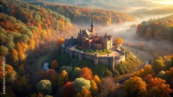 Fototapeta Aerial View: Ancient Castle Surrounded by Diverse Trees - Drone Photography, Autumn Foliage, Majestic Fortress, Scenic Landscape