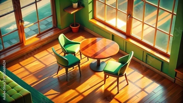 Fototapeta Aerial View Cafe Interior: Empty Table, Green Chairs, Window Scene - High-Resolution Photo