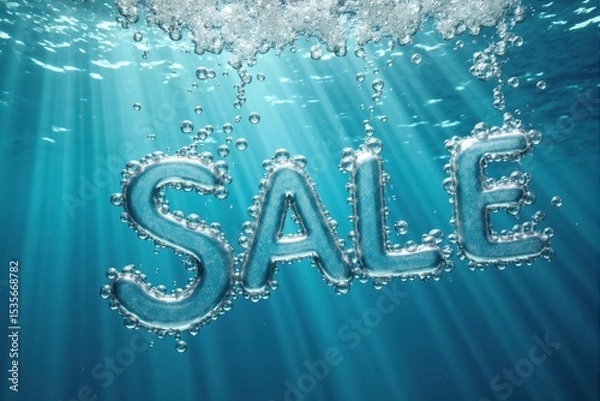 Fototapeta Sale word made of air bubbles floating underwater with sunbeams