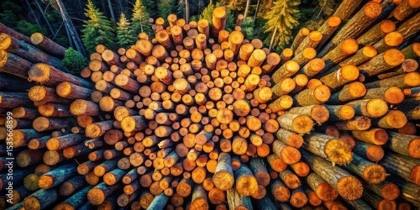 Fototapeta Aerial View Sawn Logs Forest Lumber Wood Cutting High Depth of Field Drone Photography