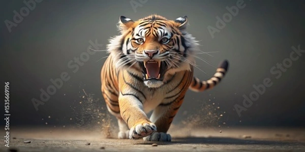 Fototapeta Angry Tiger Running, Front View, Tilt-Shift Miniature Effect, Wildlife Photography, Big Cat, Isolated Background