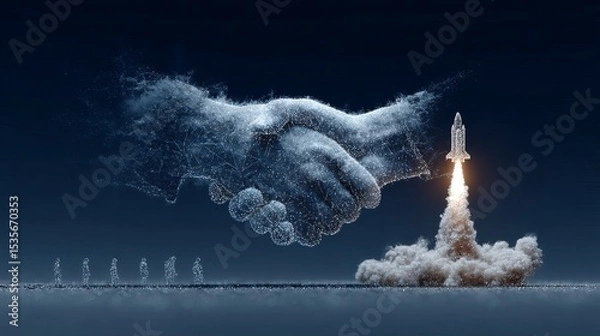 Fototapeta Abstract rocket launch and handshake wireframe Digital business deal or investment startup illustration on technology blue background