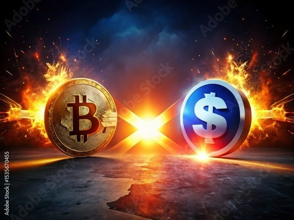 Fototapeta Bitcoin vs Dollar: Low Light Crypto Currency Stock Photo - Digital Currency, Finance, Investment, Blockchain Technology Image